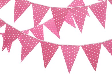 Rows of triangular bunting flags on white background. Festive decor