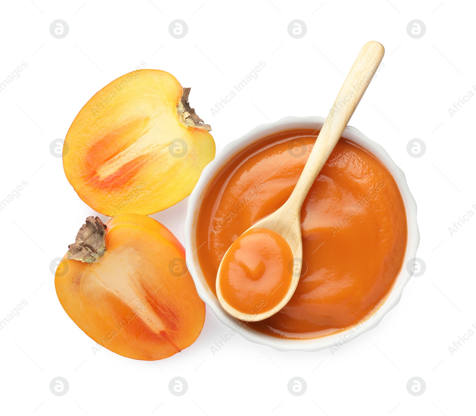 Photo of Delicious persimmon jam and fresh fruits isolated on white, top view