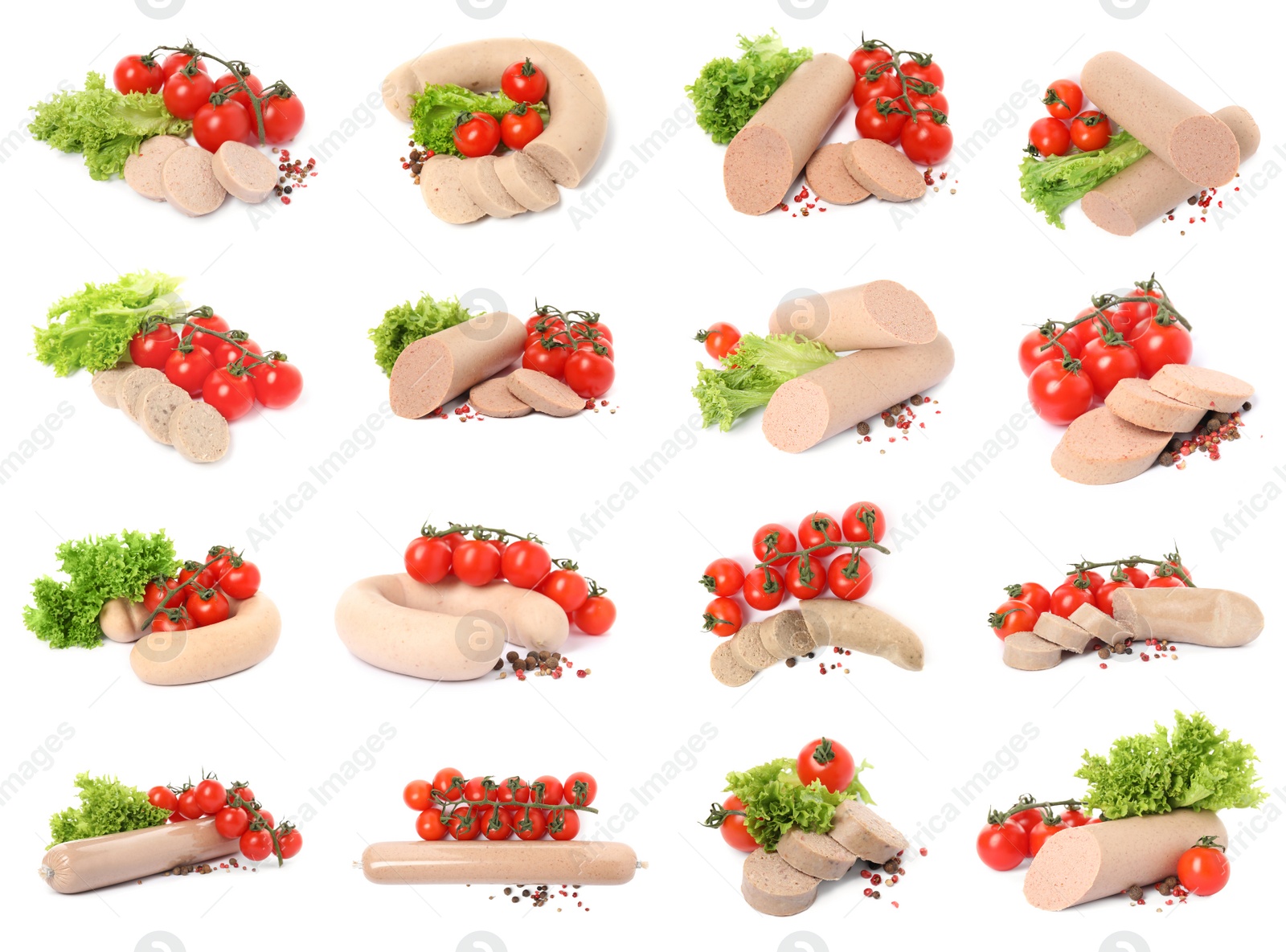 Image of Set with tasty liver sausages, tomatoes, lettuce and peppercorns on white background