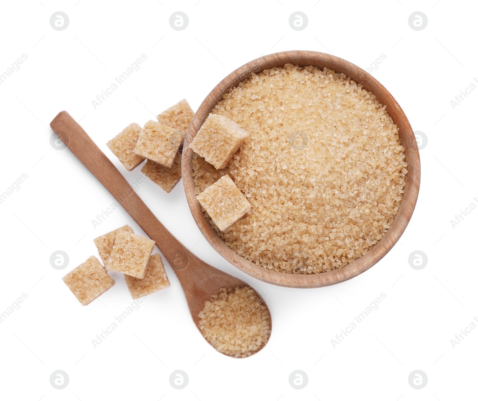 Photo of Different types of brown sugar isolated on white, top view