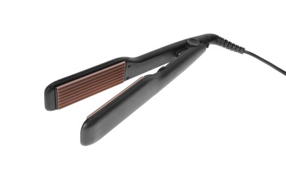 Photo of Flat iron with zigzag plate isolated on white. Hair styling device