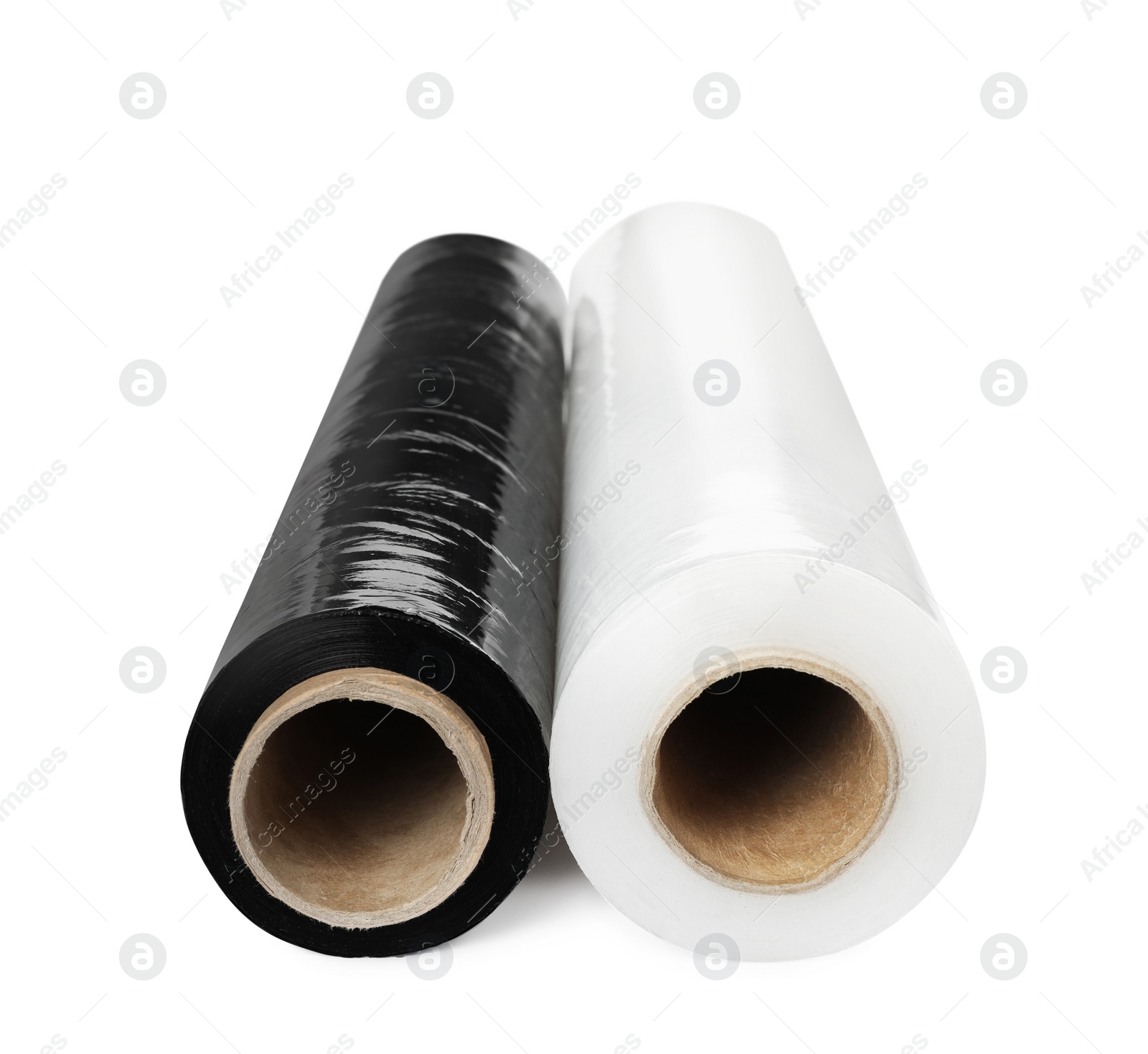 Photo of Different plastic stretch wrap films on white background