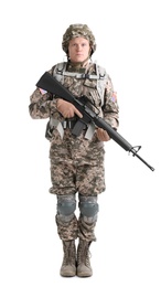 Male soldier with machine gun on white background. Military service