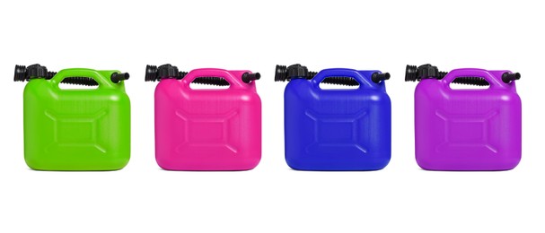Image of Many colorful plastic canisters on white background