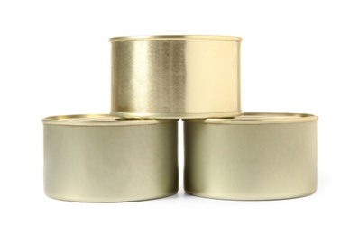 Photo of Closed tin cans isolated on white, mockup for design