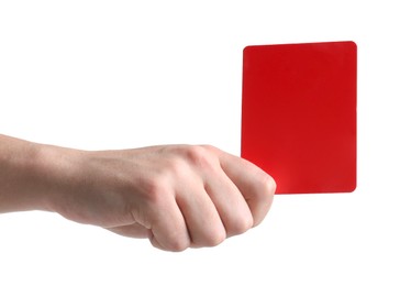 Referee holding red card on white background, closeup