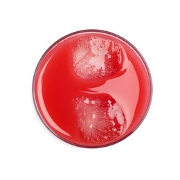 Photo of Tasty watermelon drink with ice cubes in glass isolated on white, top view