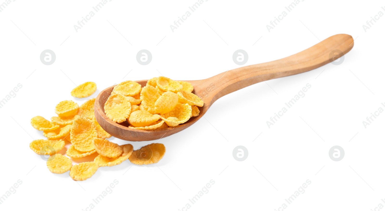 Photo of Wooden spoon of tasty corn flakes on white background