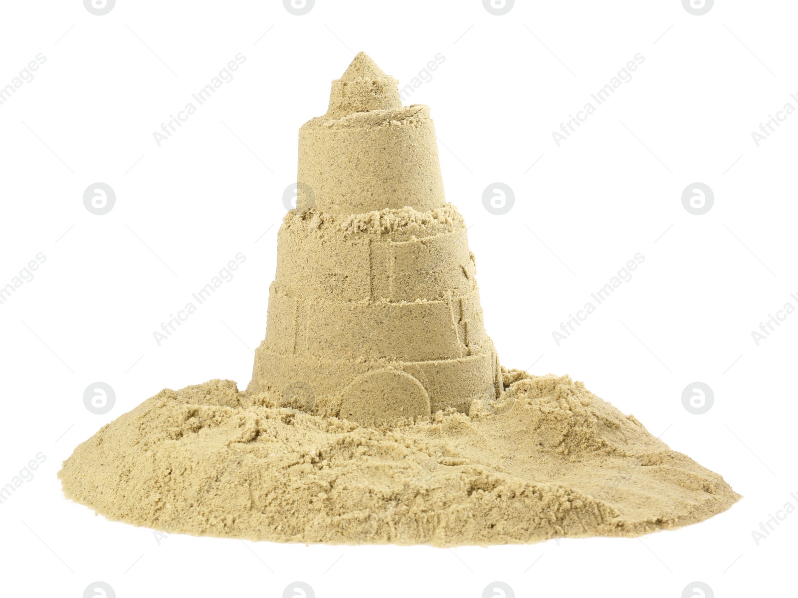 Photo of Pile of sand with castle on white background. Beautiful lighthouse