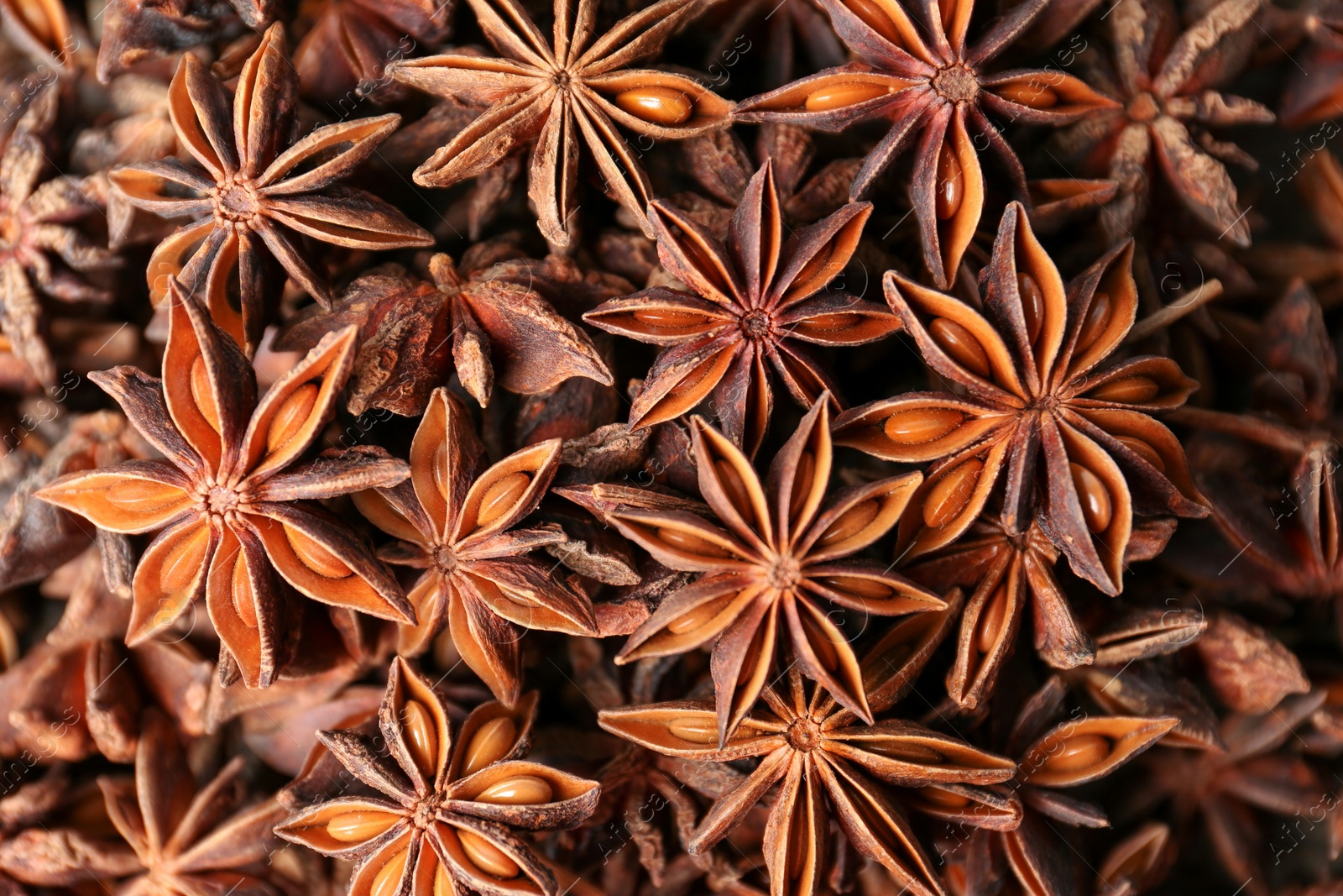 Photo of Aromatic anise stars as background, top view