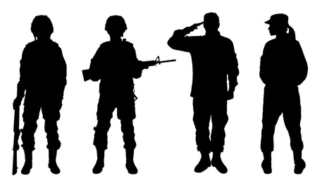 Image of Collage with silhouettes of military soldiers on white background, banner. Military service
