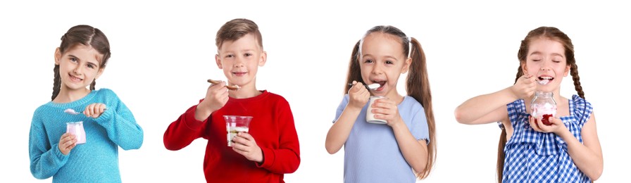Image of Collage with photos of cute little kids with tasty yogurts on white background. Banner design