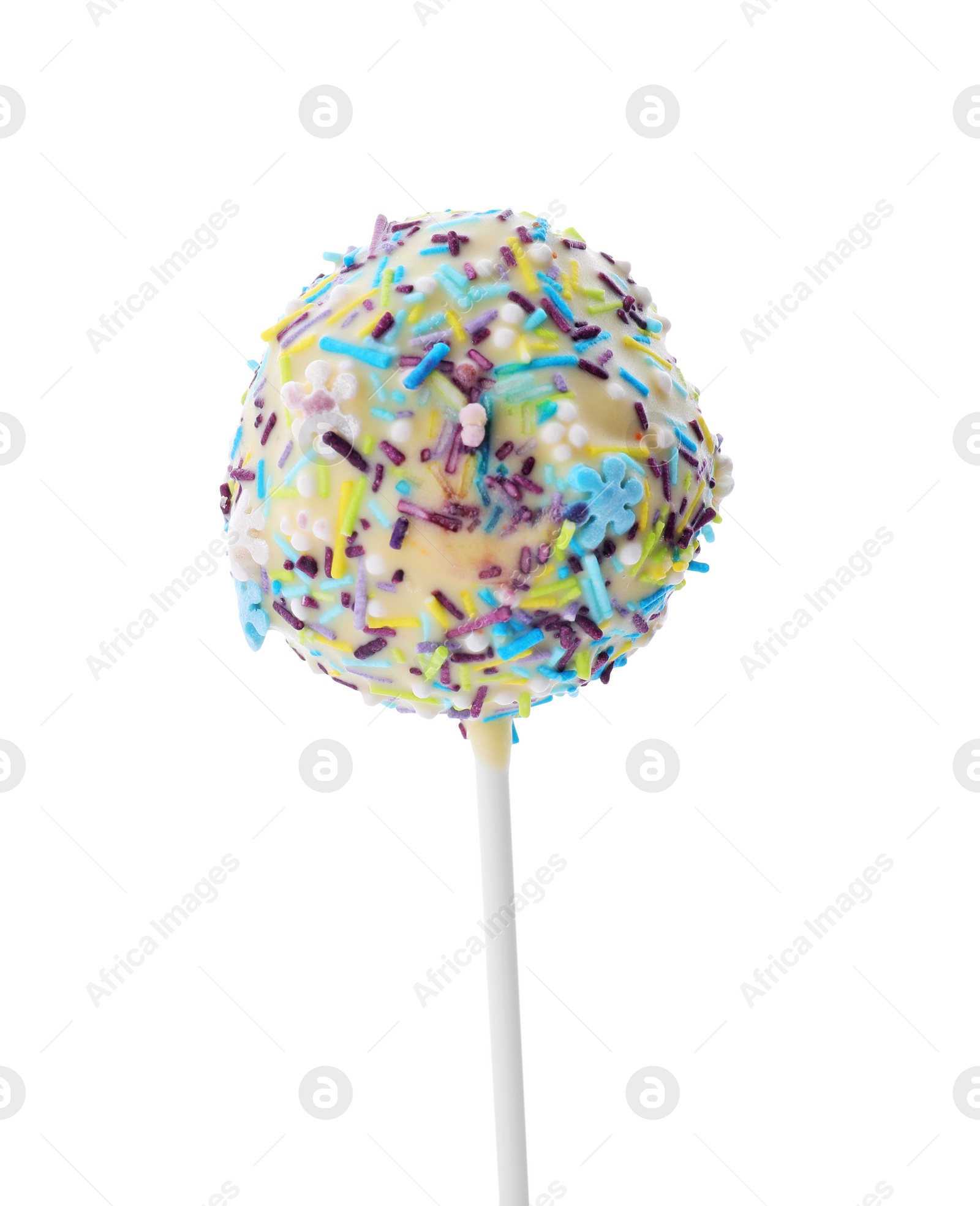 Photo of Sweet cake pop decorated with sprinkles isolated on white. Delicious confectionery