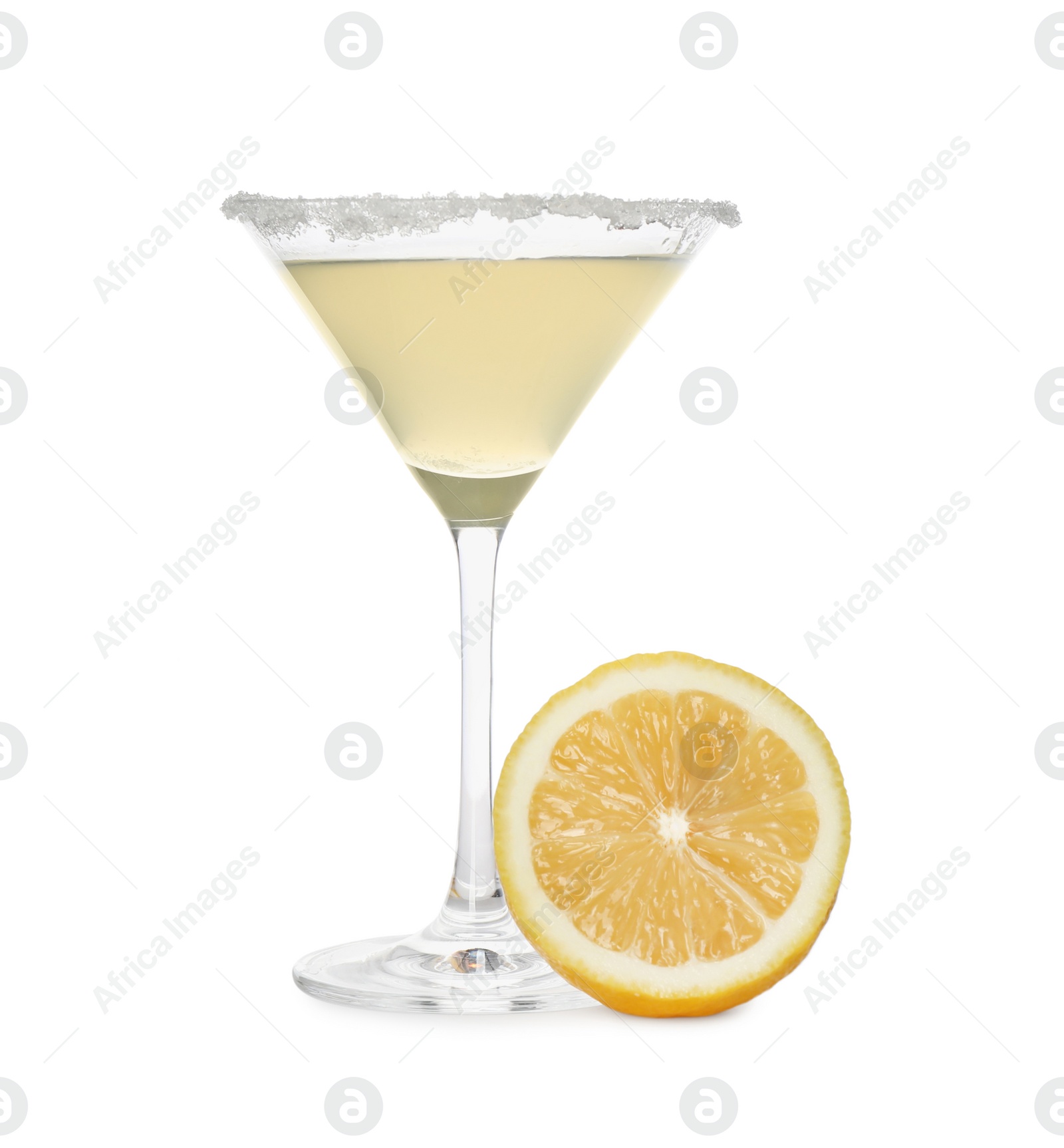 Photo of Lemon drop martini cocktail and fresh fruit on white background