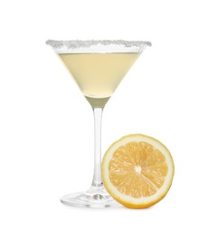 Photo of Lemon drop martini cocktail and fresh fruit on white background