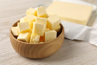 Photo of Tasty butter on light wooden table, closeup