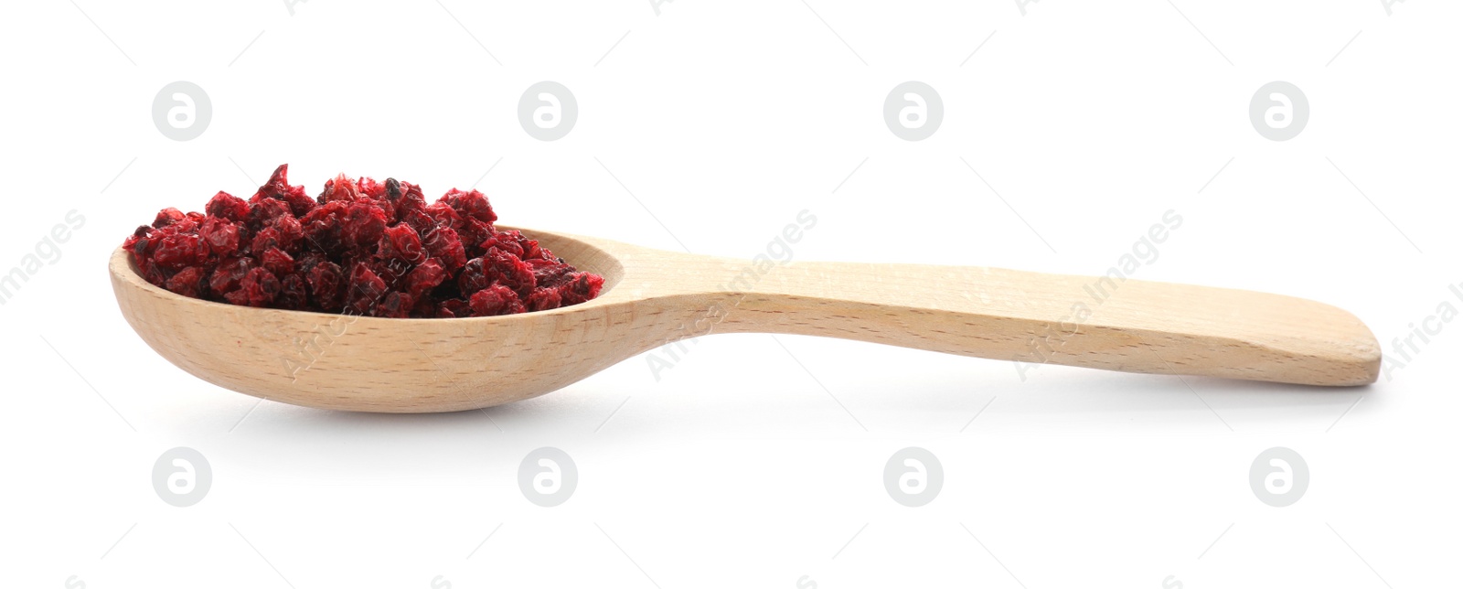 Photo of Dried red currants in wooden spoon on white background