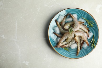 Photo of Fresh raw shrimps with rosemary and ice cubes on light grey marble table, top view. Space for text