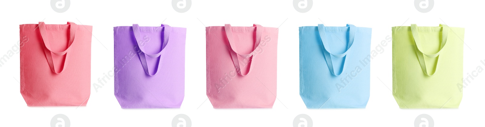 Image of Set of colorful eco bags on white background. Banner design