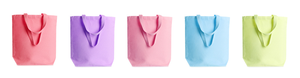 Set of colorful eco bags on white background. Banner design