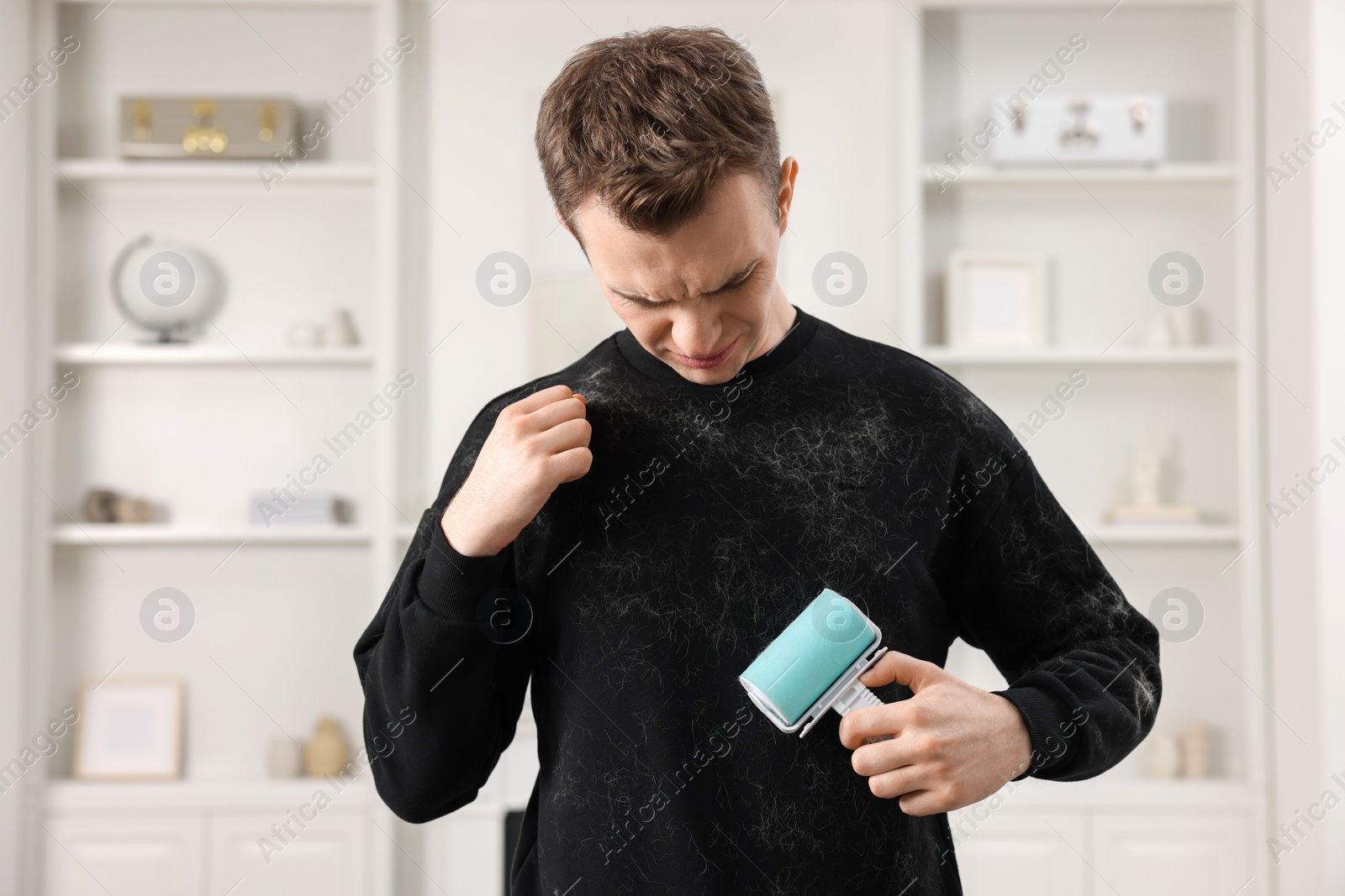 Photo of Pet shedding. Disgusted man with lint roller removing dog's hair from sweater at home