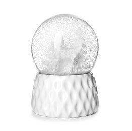 Snow globe with deer and trees isolated on white