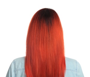 Woman with bright dyed hair on white background, back view