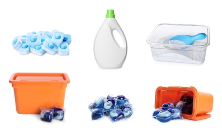 Image of Set with different laundry products on white background