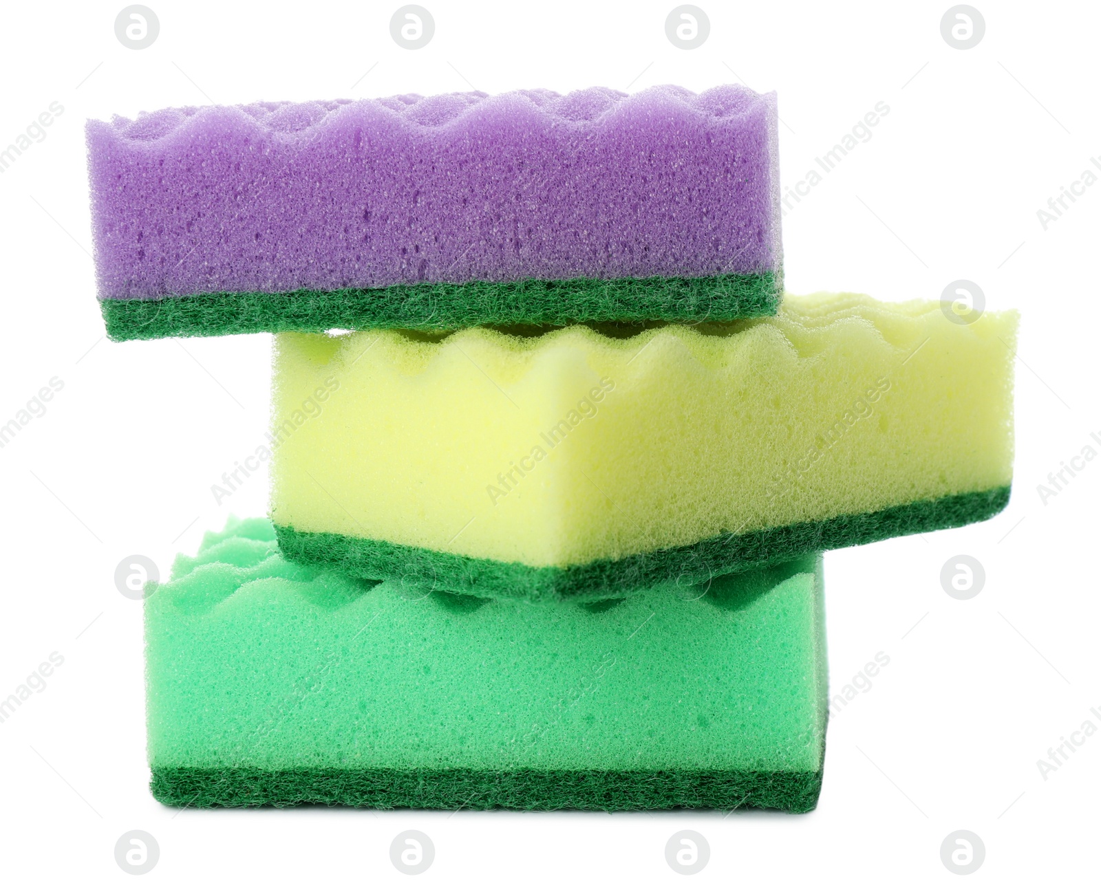 Photo of Bright cleaning sponges with abrasive scourers on white background