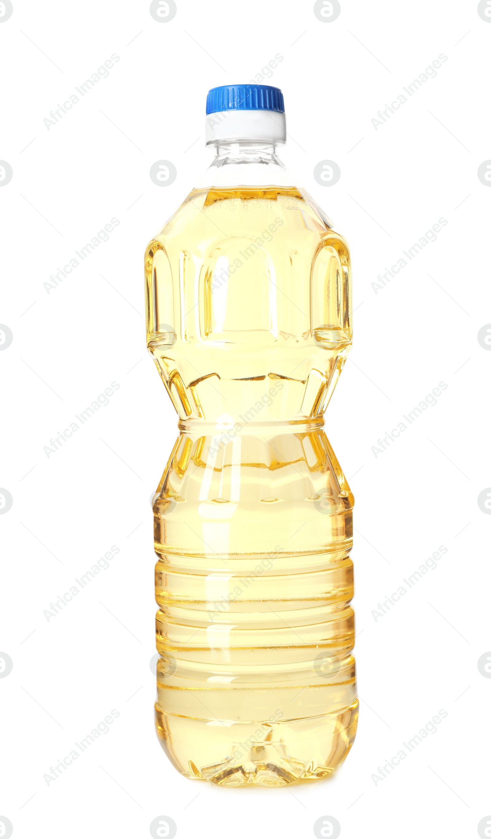 Photo of Plastic bottle of oil on white background