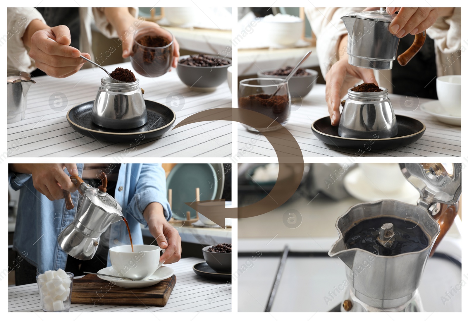 Image of Making coffee with moka pot step-by-step. Collage with photos