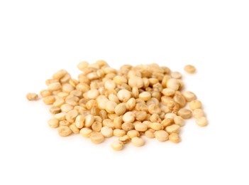 Pile of raw quinoa seeds on white background. Vegetable planting