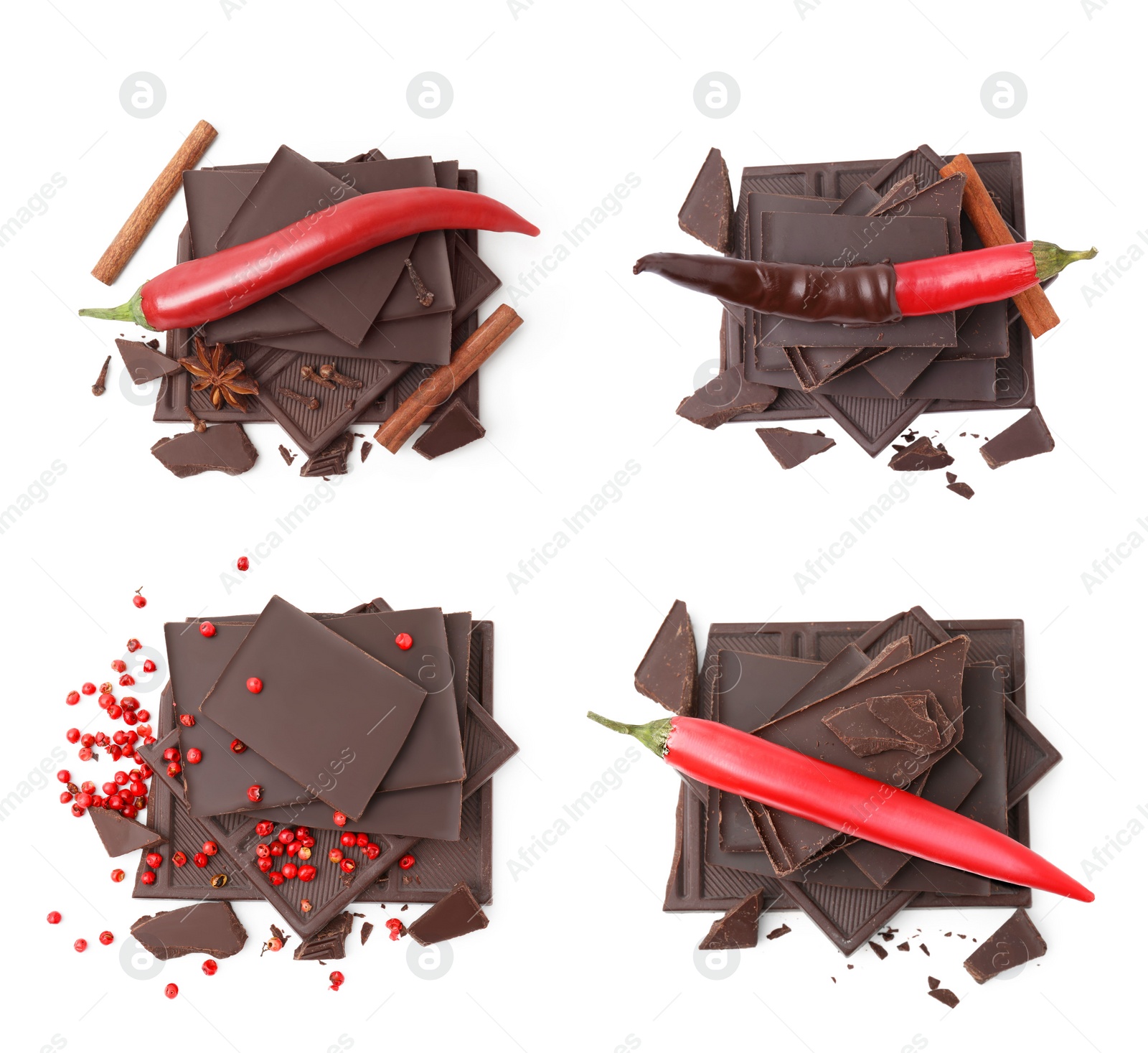 Image of Collage with delicious chocolate, red peppercorns and chili peppers on white background, top view