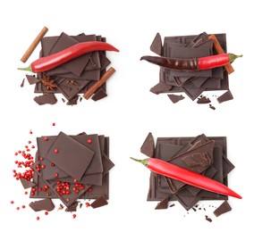 Collage with delicious chocolate, red peppercorns and chili peppers on white background, top view