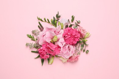 Photo of Beautiful composition with hortensia flowers on pink background, flat lay