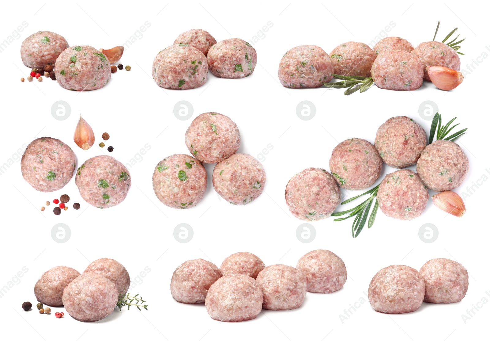 Image of Set with fresh raw meatballs on white background