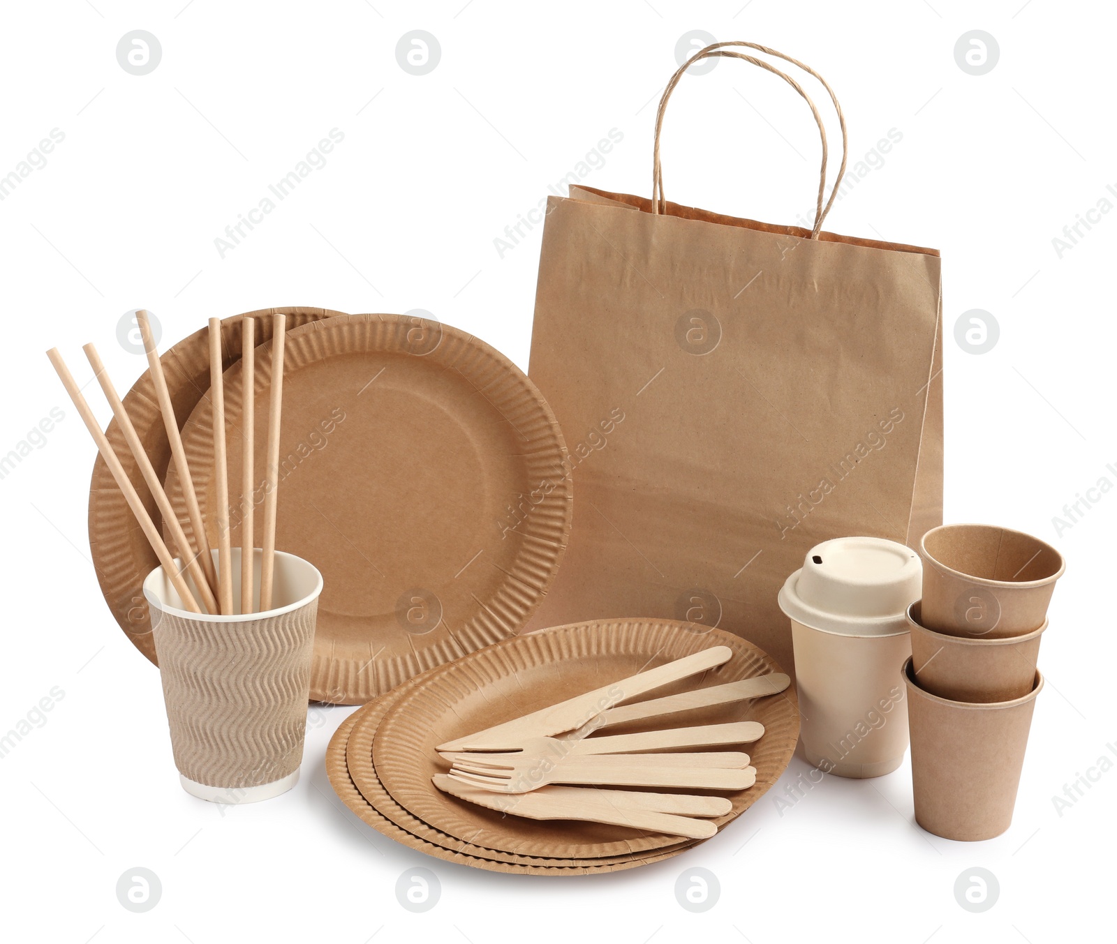 Photo of Set of disposable tableware on white background
