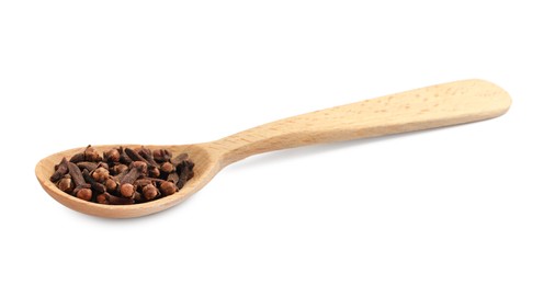 Photo of Wooden spoon with aromatic dry cloves isolated on white