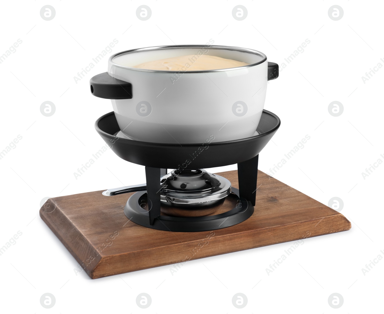 Photo of Fondue pot with tasty melted cheese isolated on white