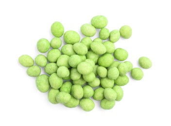 Pile of wasabi coated peanuts on white background, top view