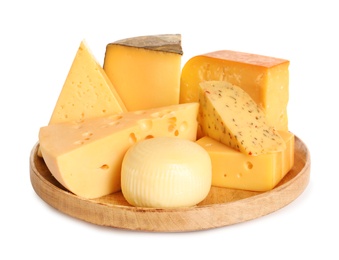Photo of Wooden plate with different kinds of cheese on white background