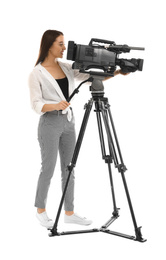 Photo of Operator with professional video camera on white background