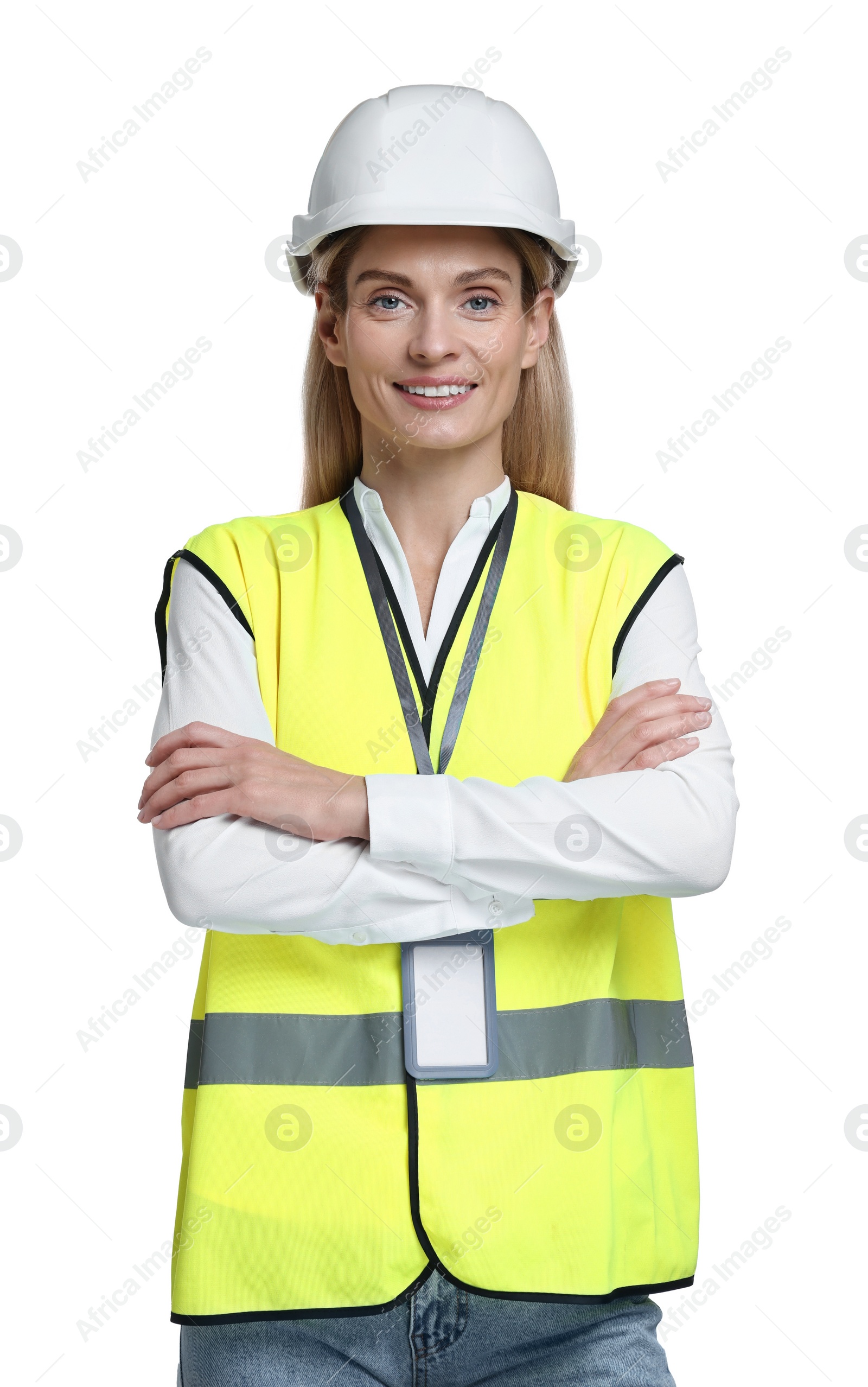 Photo of Engineer with hard hat and badge on white background