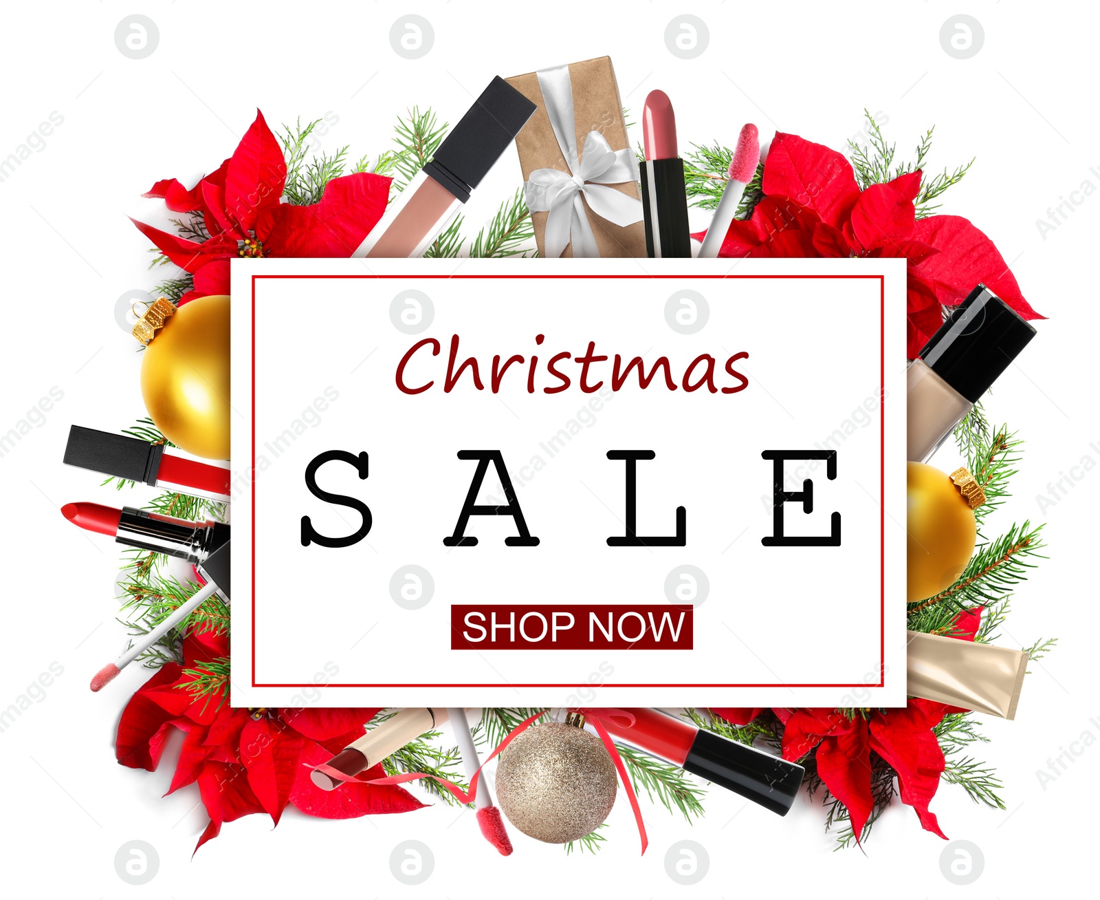 Image of Christmas sale ad with makeup products and decor