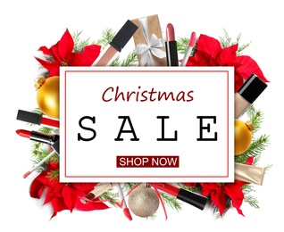 Image of Christmas sale ad with makeup products and decor