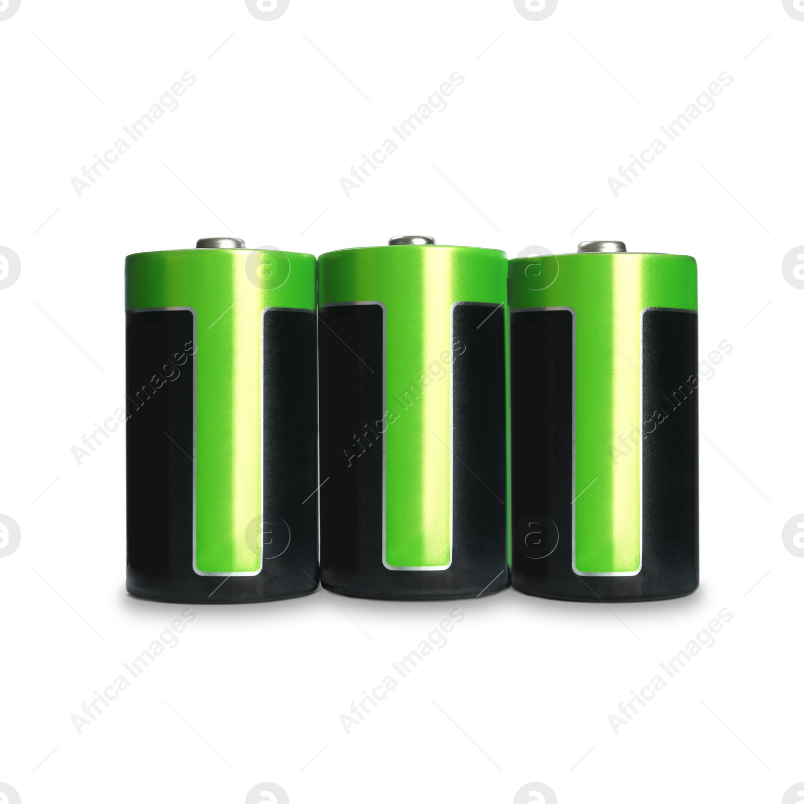 Image of New D batteries on white background. Dry cell