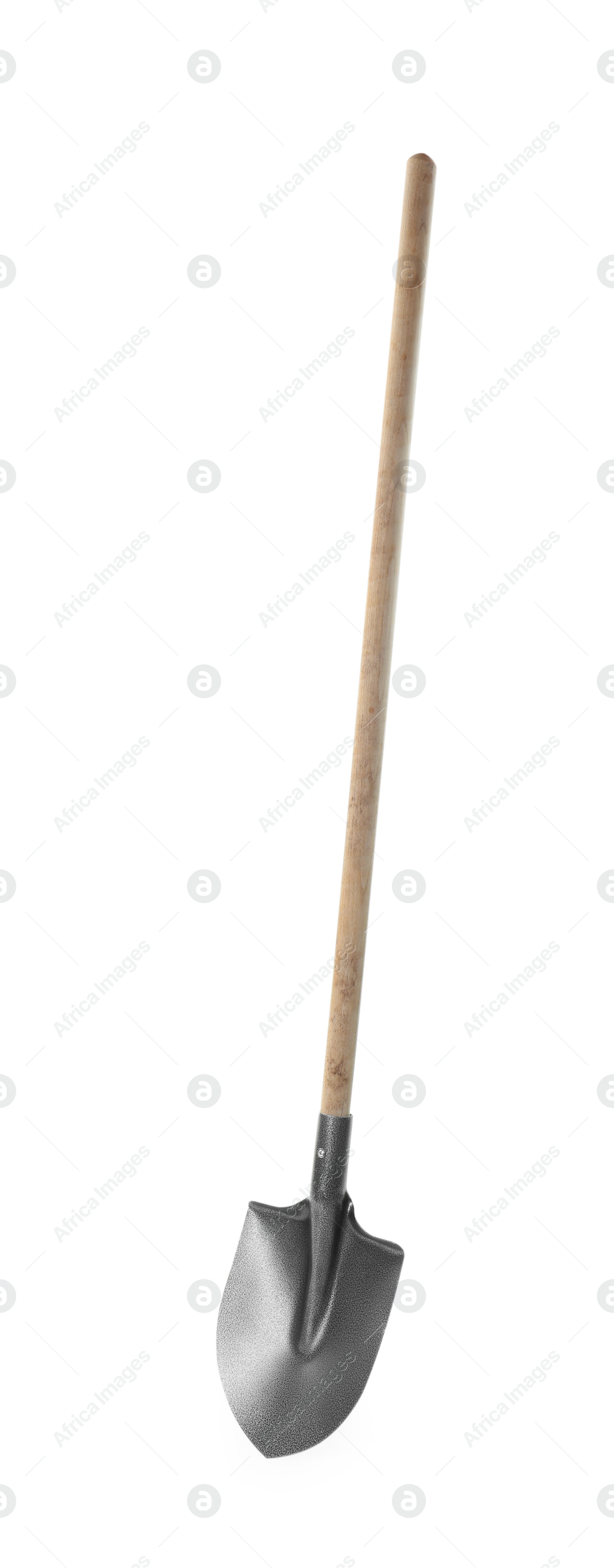 One shovel with wooden handle isolated on white Photo of One shovel with wooden handle isolated on white