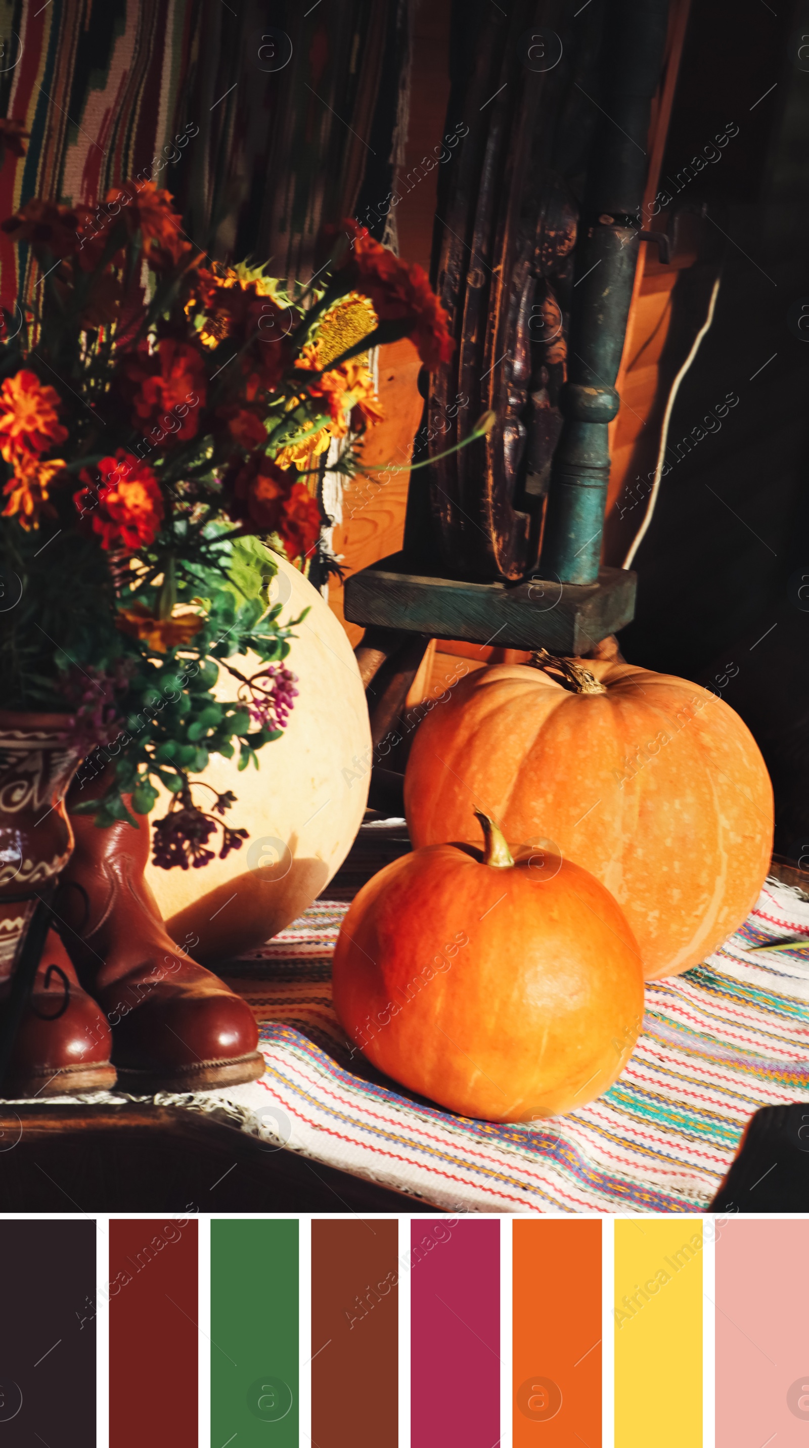 Image of Palette of autumn colors and beautiful bouquet, pumpkins and boots on table indoors