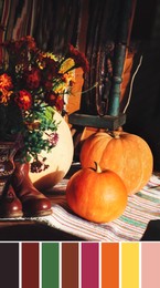 Palette of autumn colors and beautiful bouquet, pumpkins and boots on table indoors