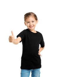 Little girl in t-shirt on white background. Mockup for design